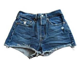 Levi's 501 Medium Wash Button Fly Raw Hem Denim Cut Off Shorts Womens Sz 26